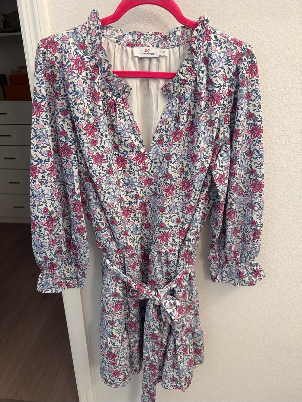 Vineyard Vines Floral Tie-Waist Mini Dress in White with Pink & Blue Flowers